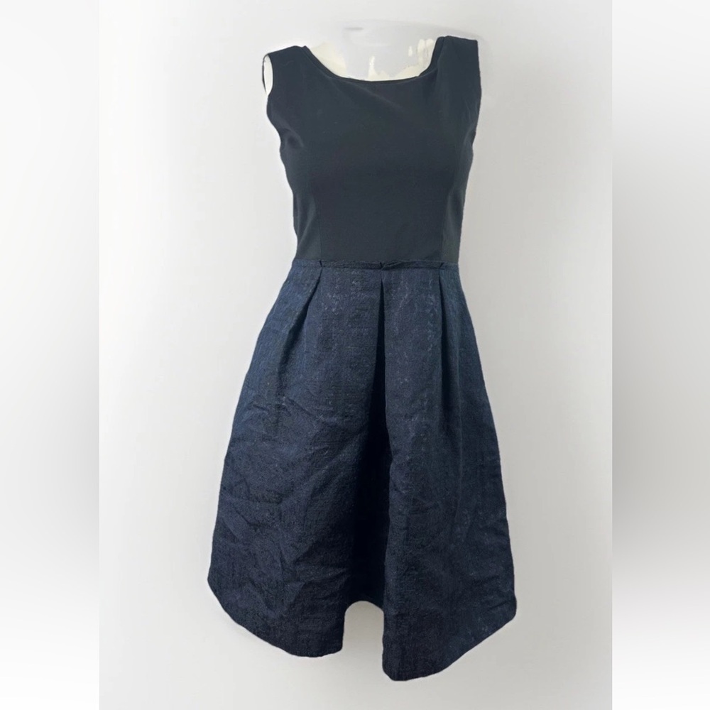 Elie Tahari Sleeveless Black/Blue Pleated Zip Mini A-Line Dress Silk Blend Skirt